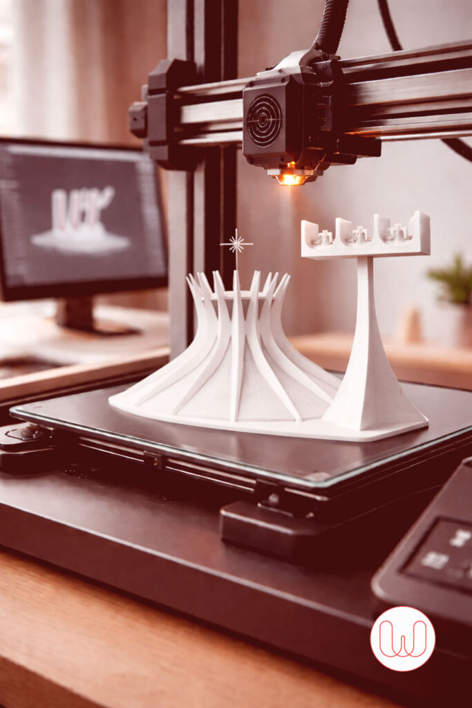 Close de impressora 3D imprimindo objeto branco com design estrutural complexo em processo de fabricação