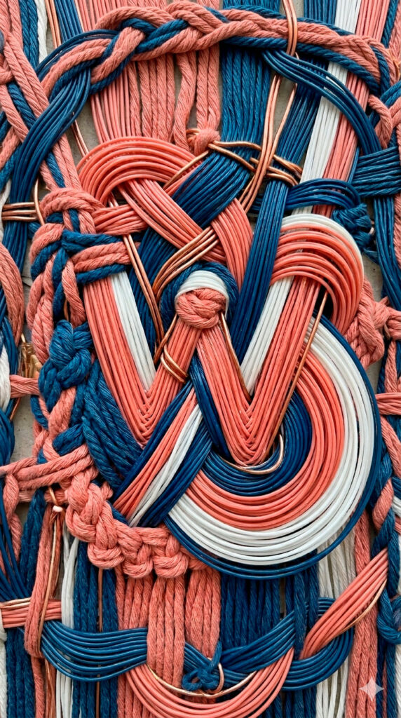 Close-up macro e tátil de uma textura complexa de entrelaçamento (Weave) feita com filamentos de impressão 3D nas cores salmão e azul, fios de cobre e materiais têxteis, representando o conceito de tecer criatividade e tecnologia em Brasília.